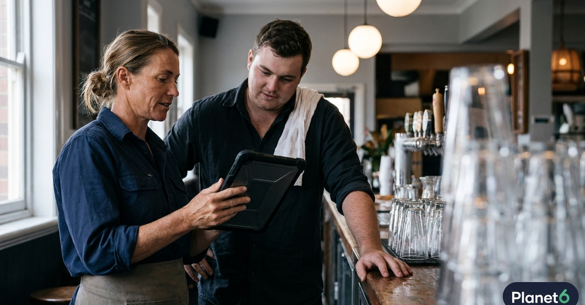 Venue manager and bar supervisor reviewing POS data on a tablet behind the bar before service